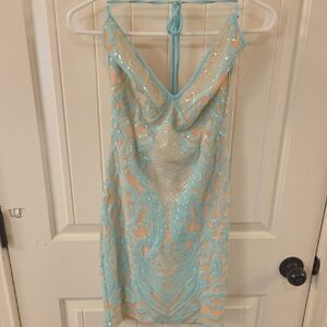 Windsor Mint Sequin Backless Halter Cocktail Dress